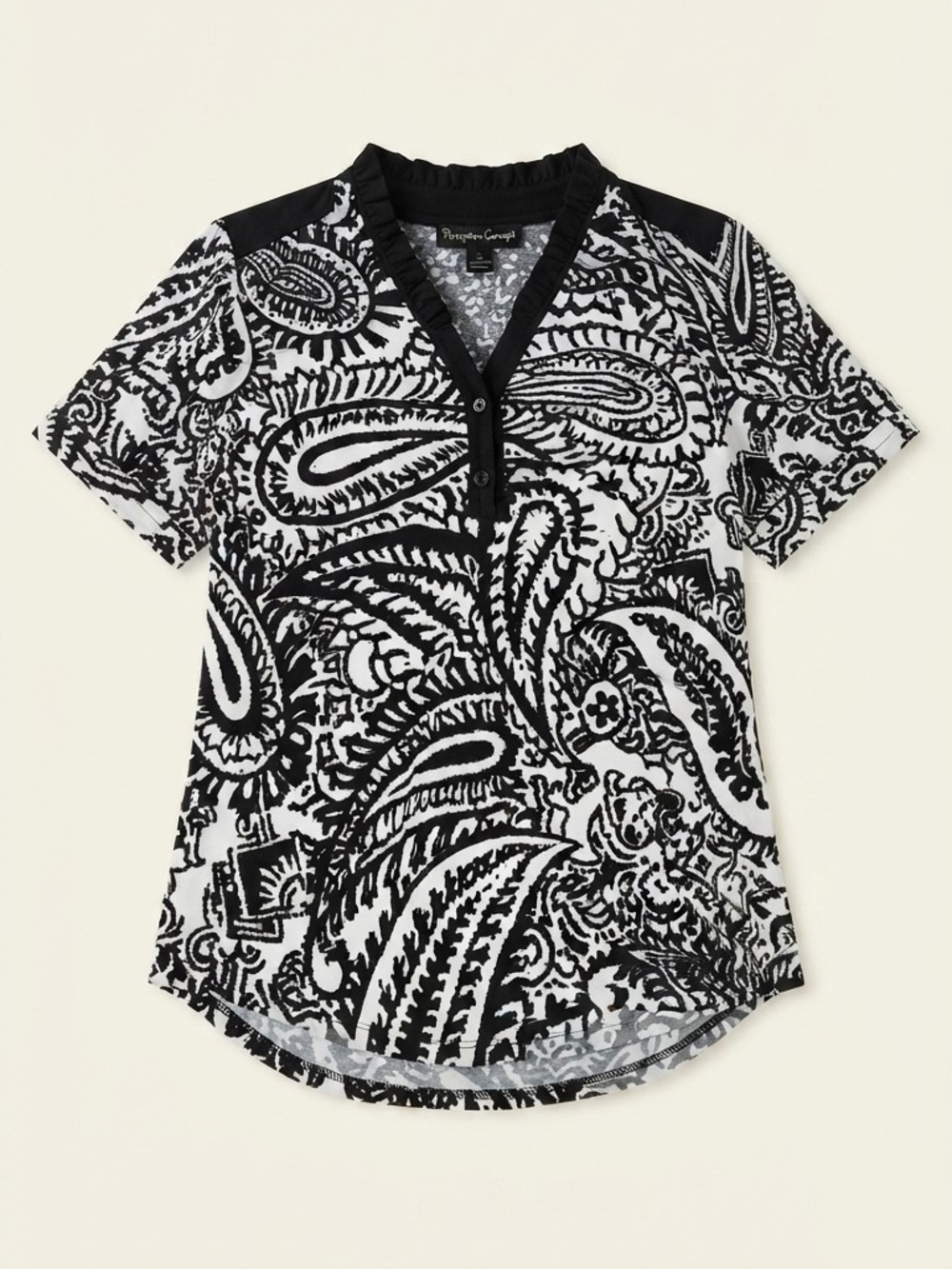 PerSeption Concept Black & White Paisley Henley Short Sleeve Tee